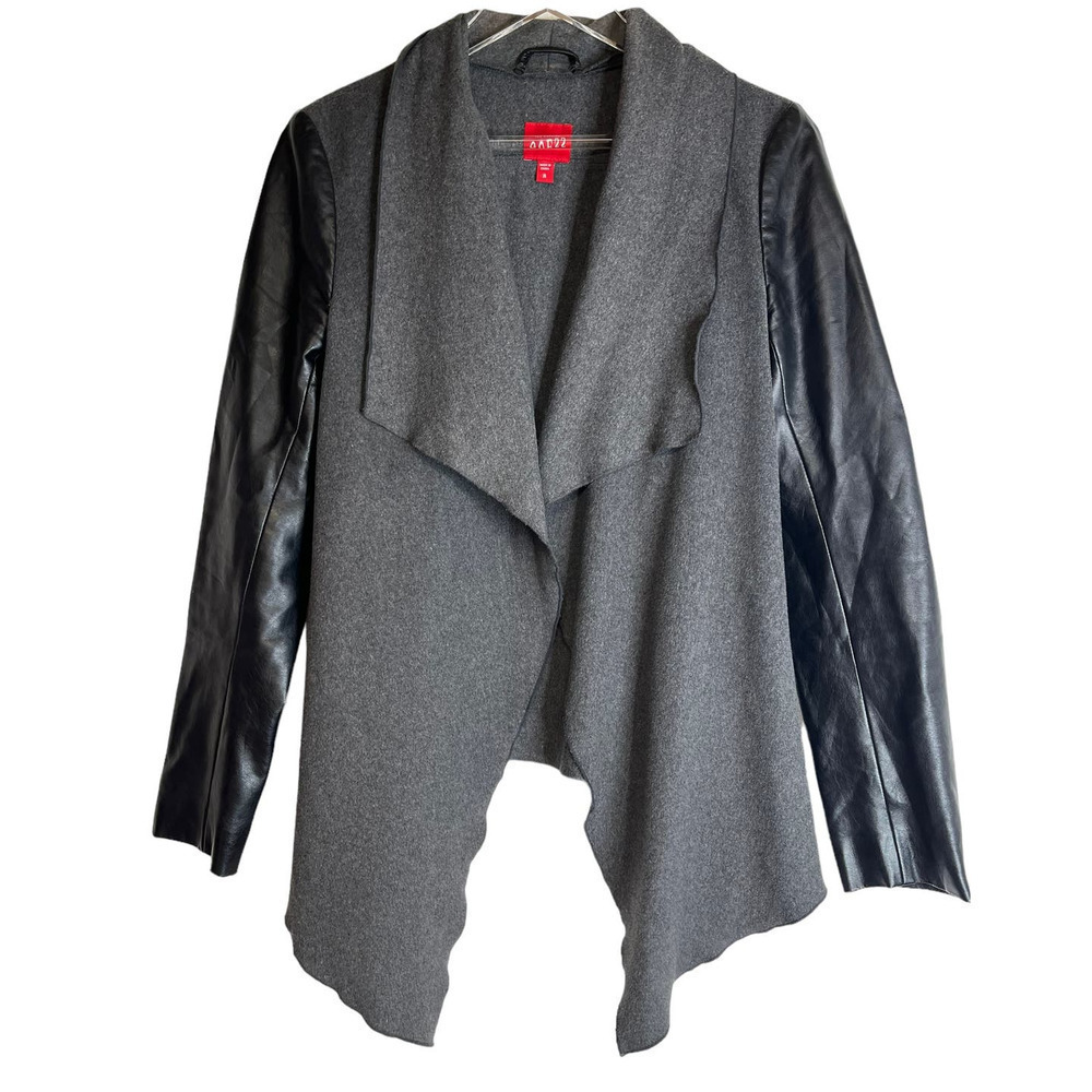 Vintage Guess Gray Open Front Vegan Leather Sleeves Medium Cardigan Sweater